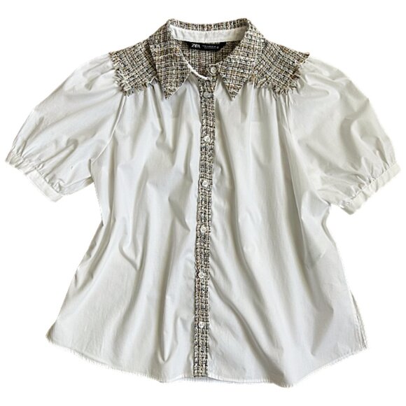 Zara White Puff Sleeve Blouse Cream Tweed Trim Contrast Button Front Shirt M - Picture 3 of 10